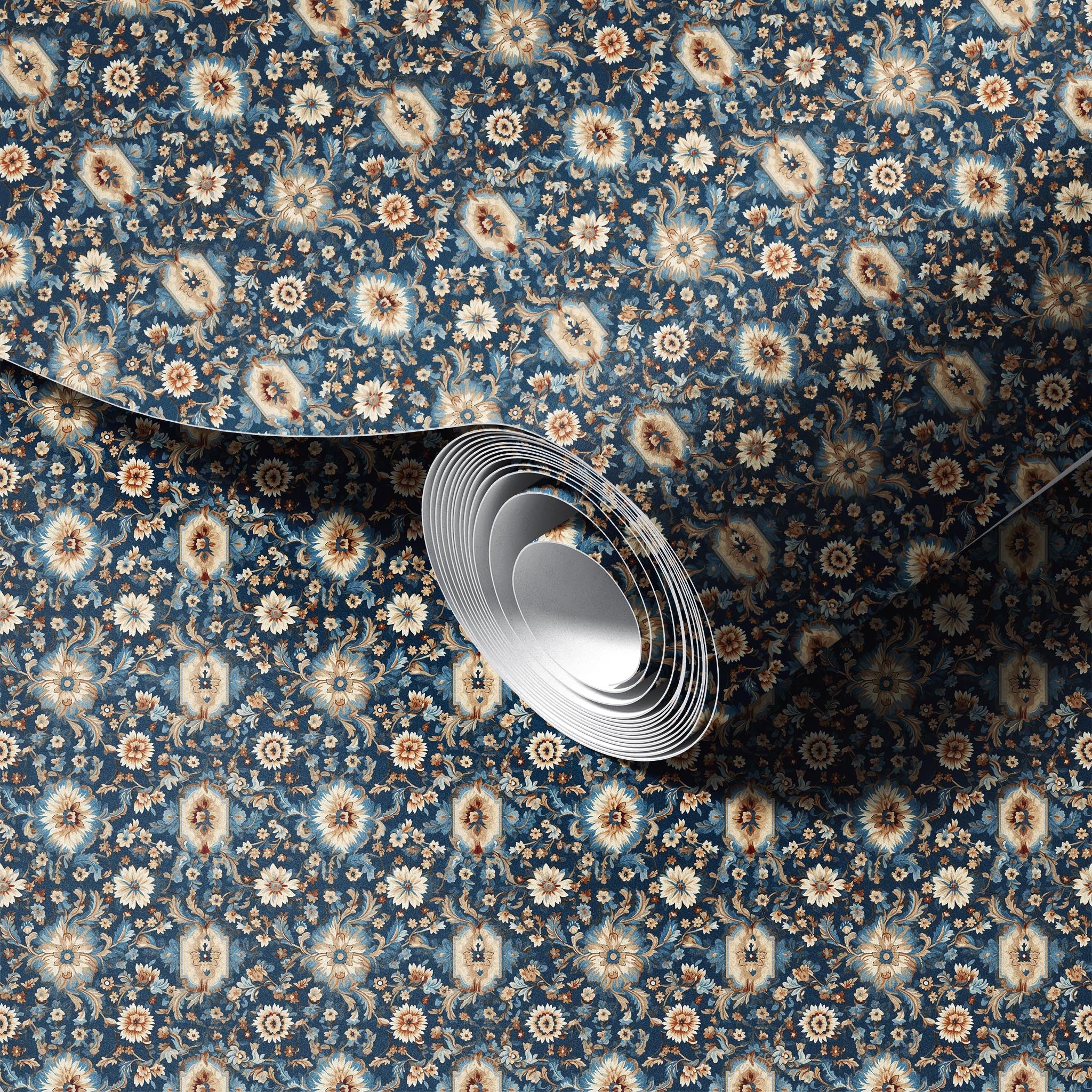 Blue Geometric Floral peel and stick wallpaper room mockup